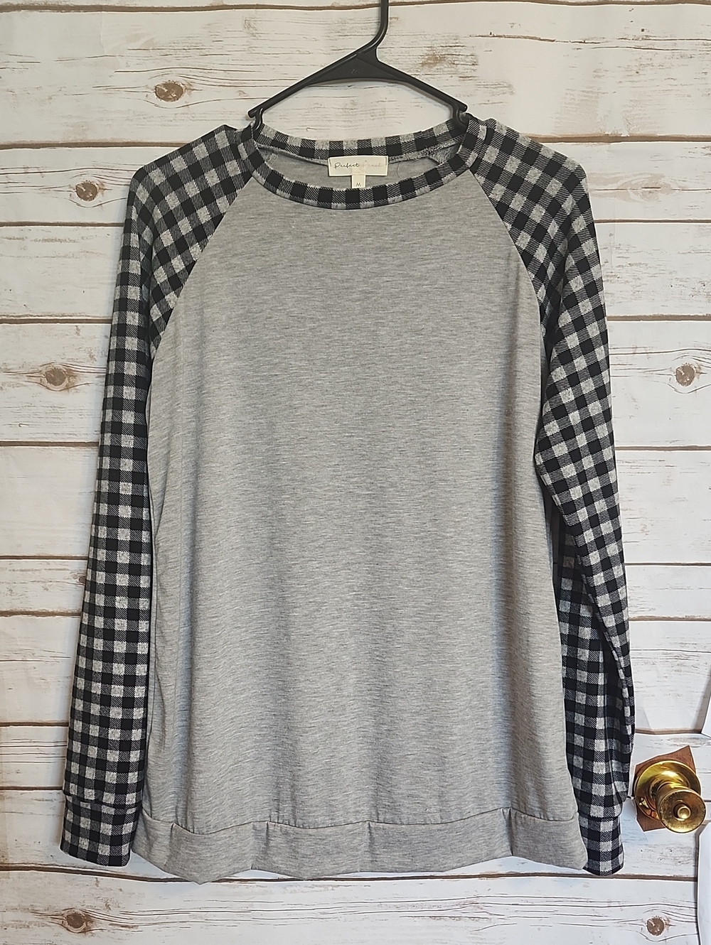 Grey Raglan Long-Sleeve Shirt with Black Check Sleeves - NEW